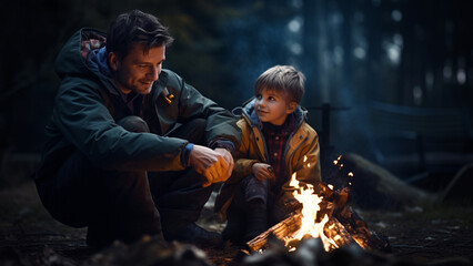Happy time of father and son enjoying campfire - obrazy, fototapety, plakaty