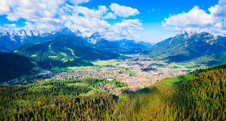 Garmisch-partenkirchen town aerial panoramic view, Germany - obrazy, fototapety, plakaty