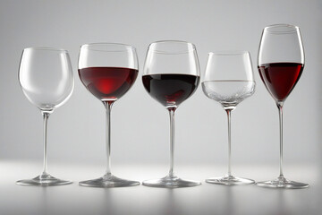 red wine in wine glasses and empty glasses.