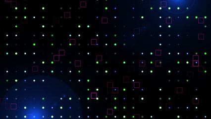 Randomly moving square and dots background with light leaks. Digital high technology dot square particle. The sci-fi movie, anime, cartoon.motion graphic. Geometric bg.