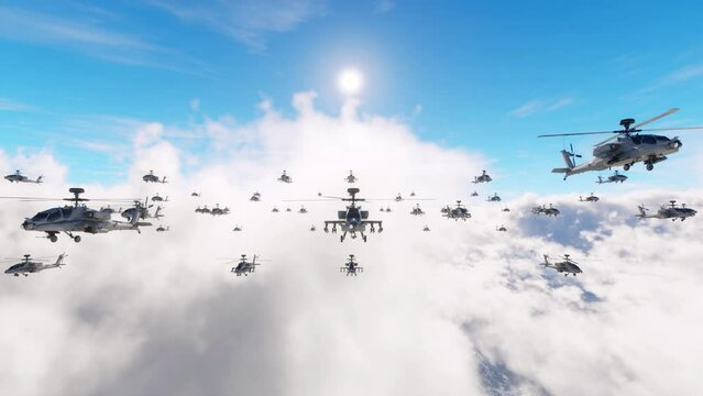 A squadron of military helicopters flying towards the camera in midair, maintaining a precise formation as they approach the battle zone.
