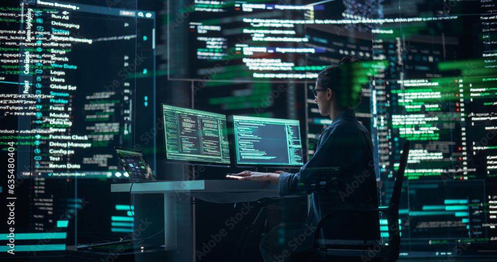 Leinwandbilder Focused Female Programmer Working in a Monitoring Control Room, Surrounded by Big Screens Displaying Lines of Programming Language Code. Portrait of Woman Creating a Software and Coding