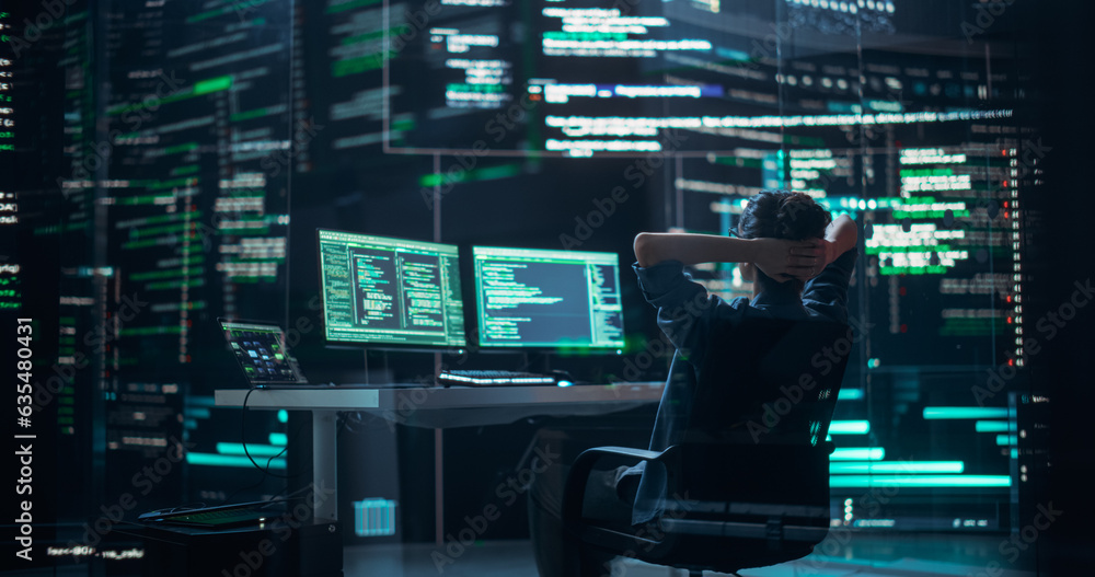 Poster Female Developer Happily Resting After Successfully Typing on Computer a Functioning Back-end Code. Professional Programmer Surrounded by Big Screens Showing Coding Language, Creating Software