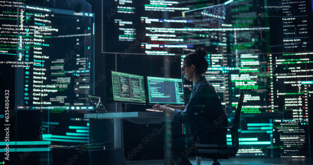 Leinwandbilder Professional Female Programmer Working in a Monitoring Control Room, Surrounded by Big Screens Displaying Lines of Programming Language Code. Portrait of Woman Creating a Software and Coding