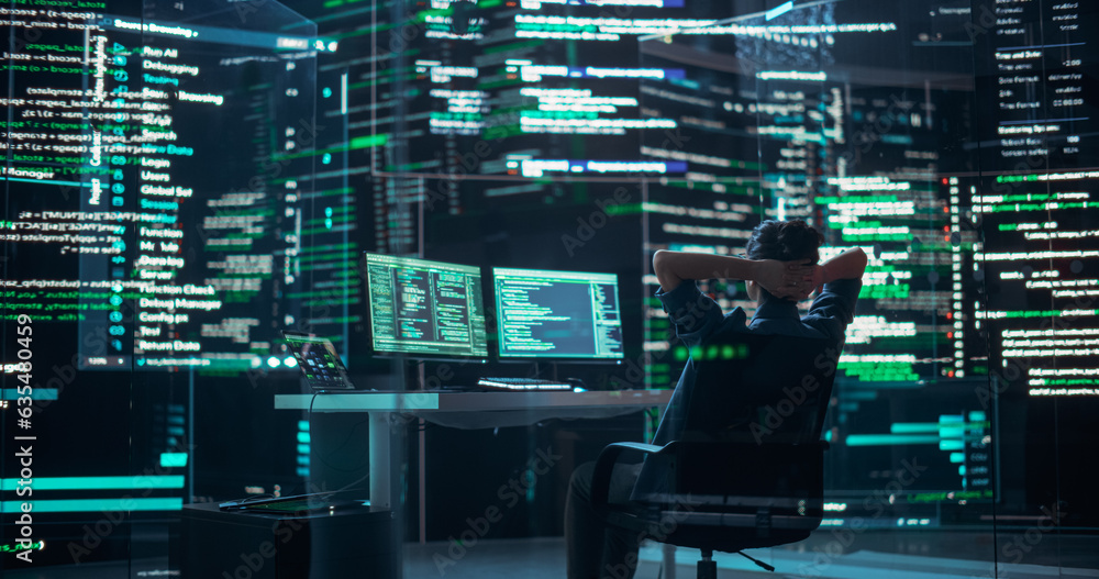 Poster Female Developer Happily Resting After Successfully Typing on Computer Properly Functioning Back-end Code. Professional Programmer Surrounded by Big Screens Showing Coding Language, Creating Software.