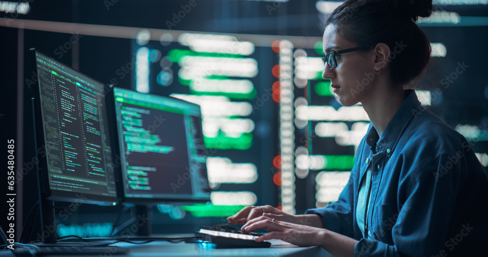 Poster Medium Shot of a Woman Working as a Developer, Surrounded by Big Screens Displaying Lines of Code in a Monitoring Room. Female Programmer Using Desktop Computer, Analysing Data, Creating AI Software