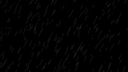 Cinematic Realistic rainfall animation overlay background in alpha luma matte. Heavy rain storm. Surreal raindrops falling thunderstorm overlay. Raindrops on black bg.