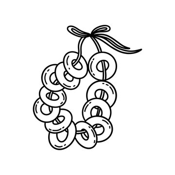 Bunch of Russian bagels on a rope. Round sushki, bubliki or baranki, traditional Russian cuisine, pastries. Black and white vector isolated illustration hand drawn bakery