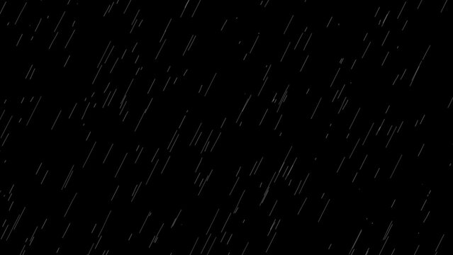 Cinematic Realistic rainfall animation overlay background in alpha luma matte. Heavy rain storm. Surreal raindrops falling thunderstorm overlay. Raindrops on black bg.