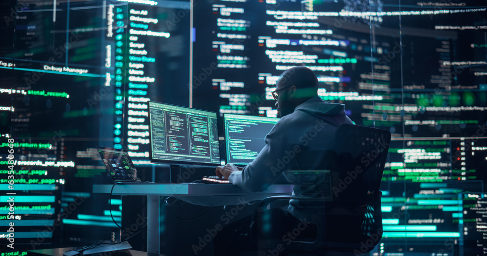 Aufkleber Black Male Developer Thinking and Typing on Computer, Surrounded by Big Screens Showing Coding Prompts. Professional Programmer Creating Software, Running Coding Tests. Futuristic Programming Concept