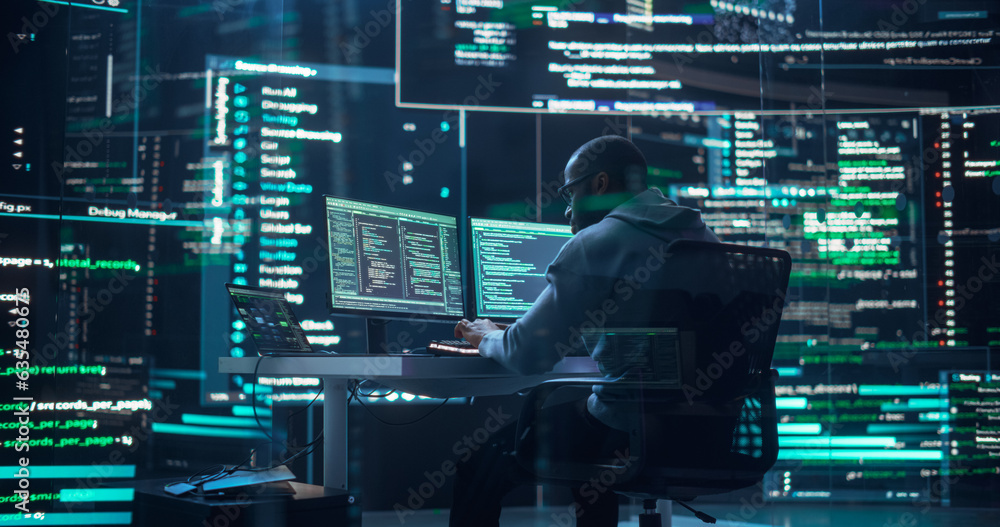 Poster Black Male Developer Typing on Computer, Surrounded by Transparent Screens Showing Code Lines. Professional Programmer Creating Software, Running Coding Tests. Futuristic Programming Concept