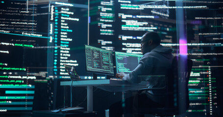 Black Male Developer Thinking and Typing on Computer, Surrounded by Big Screens Showing Coding Language. Professional Programmer Creating Software, Running Coding Tests. Abstract Programming Concept