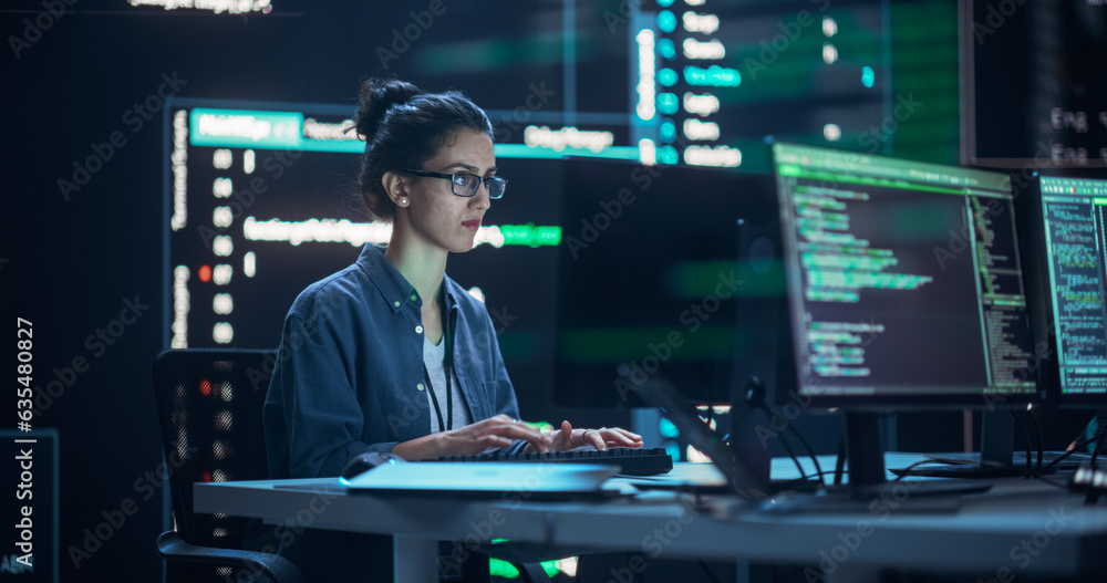Aufkleber Female Programmer Working in Monitoring Control Room, Surrounded by Big Screens Displaying Lines of Programming Language Code. Portrait of Woman Creating Software. Abstract Futuristic Coding Concept