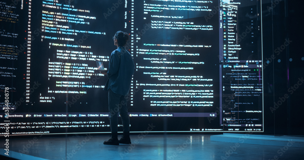 Poster Portrait of Young Woman Working on Laptop Computer, Looking at Big Digital Screen Displaying Back-end Code Lines. Professional Programmer Developing a Big Data Interface Software Project