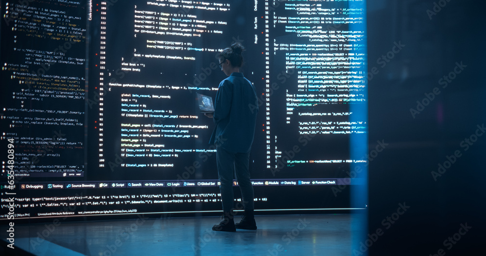 Aufkleber Portrait of Young Woman Working on Laptop Computer, Looking at Big Digital Screen Displaying Back-end Code Lines. Professional Programmer Developing a Big Data Interface Software Project Concept.