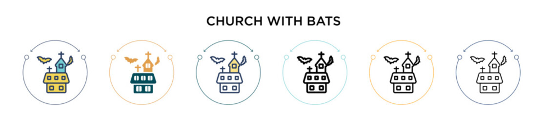 Church with bats icon in filled, thin line, outline and stroke style. Vector illustration of two colored and black church with bats vector icons designs can be used for mobile, ui, web