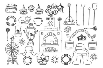 Set of Russian village elements. Ancient Russian culture. Stove and samovar, yoke and spinning wheel, tea set and earthenware. Black and white vector isolated illustration hand drawn doodle