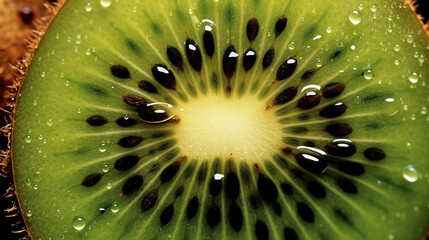 Macro perspective of a cut kiwi, revealing its intricate cross-sectional details.