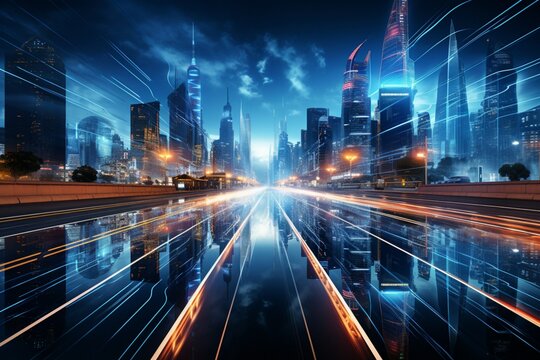 Urban spectacle, Building backdrop adorned with captivating light trails, a dynamic display Generative AI