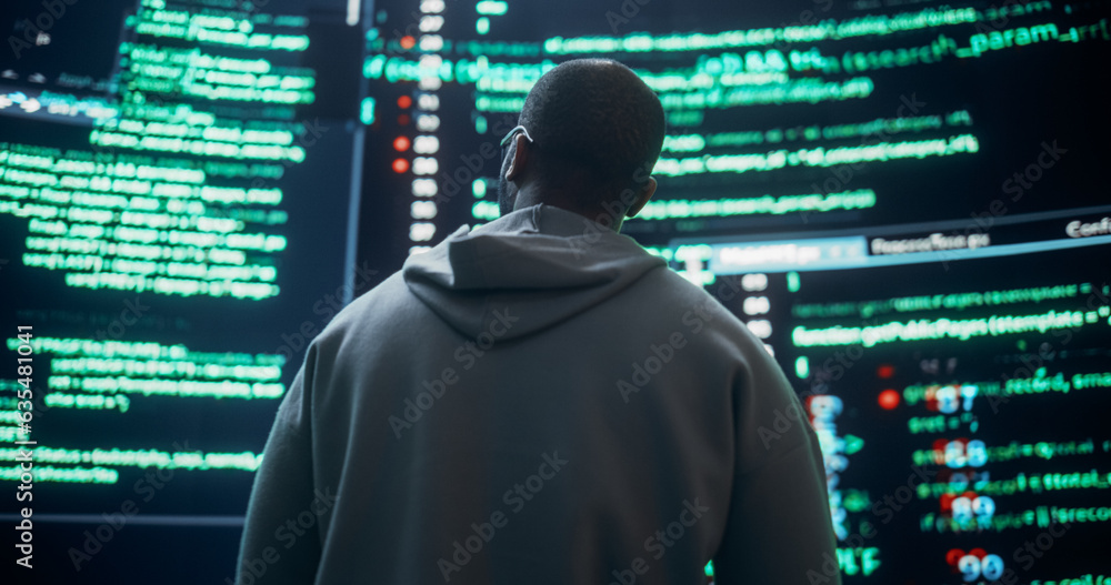 Poster Back View of Young Black Man Looking at Big Digital Screens Glitching While Displaying Code Prompts. Worried Professional Programmer Fixing a Bug, Dealing with Crashing System, Ensuring Cybersecurity