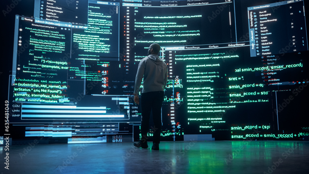 Poster Back View of Young Black Man Walking and Looking at Big Digital Screens Glitching While Displaying Code Lines. Professional Hacker Breaking Through Cybersecurity Protection System, Changing Code