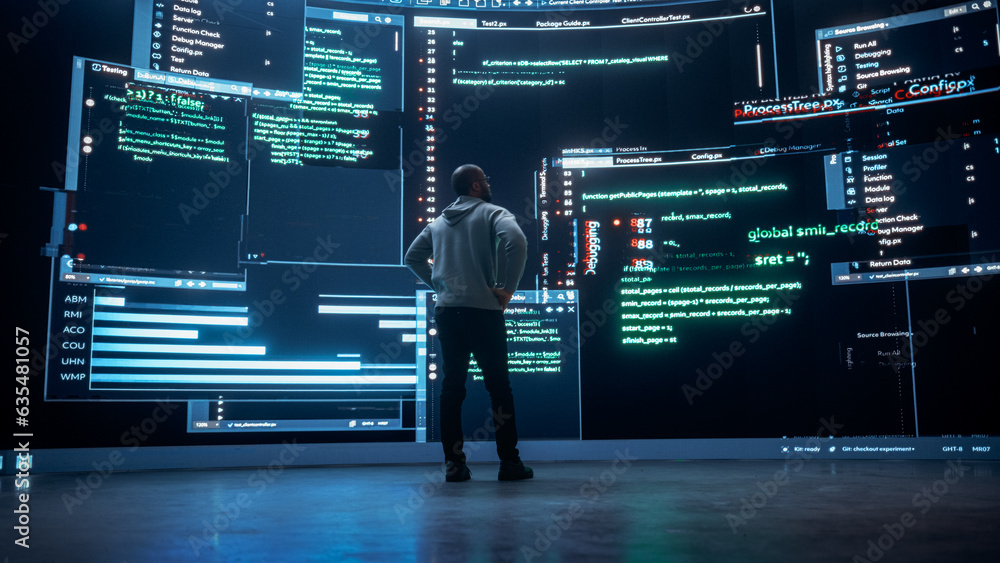 Poster Back View of Young Black Man Standing and Looking at Big Digital Screens Glitching While Displaying Code Lines. Professional Hacker Breaking Through Cybersecurity Protection System, Changing Code