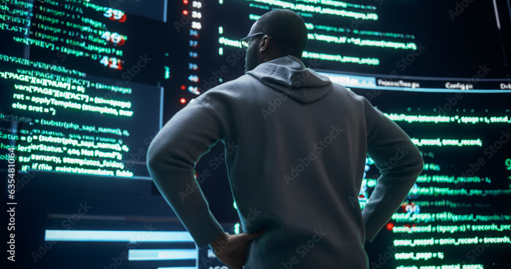 Aufkleber Portrait of Young Black Man Looking at Big Digital Screens Glitching While Displaying Code Lines. Worried Professional Programmer Fixing a Bug, Dealing with Crashing System, Thinking of Solutions