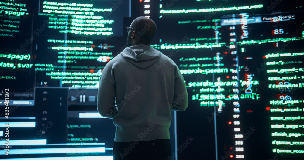 Aufkleber Back View of Young Black Man Looking Towards a Big Digital Screens Glitching While Displaying Code Lines. Worried Professional Programmer Fixing a Software Bug, Dealing with Crashing System