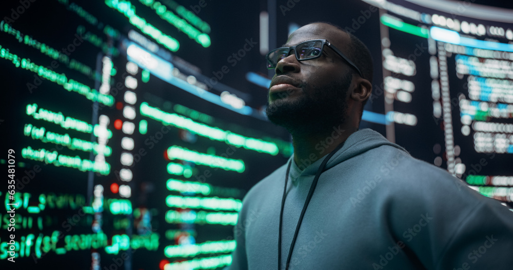 Poster Portrait of Worried Professional Programmer Fixing a Bug, Dealing with Crashing System. Young Black Man Looking at Big Digital Screens Glitching While Displaying Code Lines, Thinking of Solutions