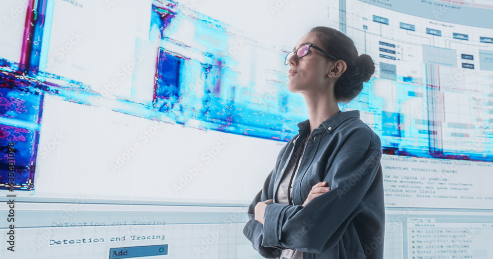 Poster Portrait of Young Woman Looking at Big Digital Screens Glitching While Displaying Code Lines. Worried Professional Programmer Trying to Fix a Bug, Dealing with Crashing System, Thinking of Solutions