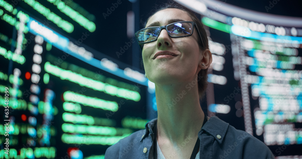 Aufkleber Close Up Portrait of Young Woman with Glasses Looking at Big Digital Screens Glitching While Displaying Code Lines. Professional Hacker Breaking Through Cybersecurity Protection System, Changing Code