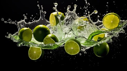 Fototapeta na wymiar Photo of limes in splashing water. Black background. AI generative.