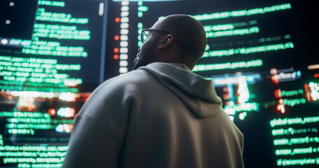 Close Up Back View of Young Black Man Looking at Big Digital Screens Glitching While Displaying...