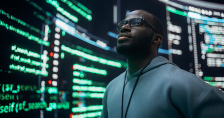 Portrait of Worried Professional Programmer Fixing a Bug, Dealing with Crashing System. Young Black...