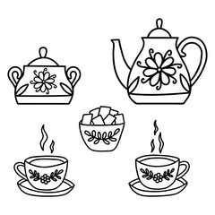 Tea set. Two cups of tea with saucers, sugar bowl, teapot. Beautiful decorated service, vintage crockery. Black and white vector isolated illustration hand drawn doodle. Secular tea drinking