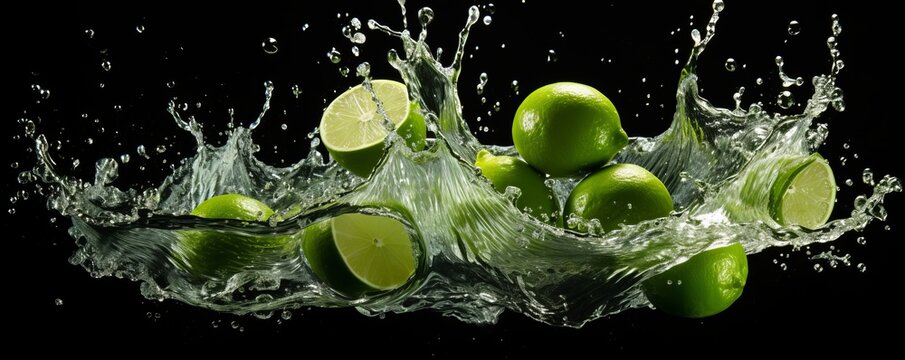 Photo of limes in splashing water. Black background. AI generative.