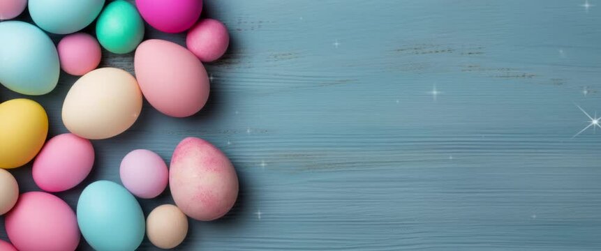 Colorful easter eggs on smooth background with copy space. Anamorphic video