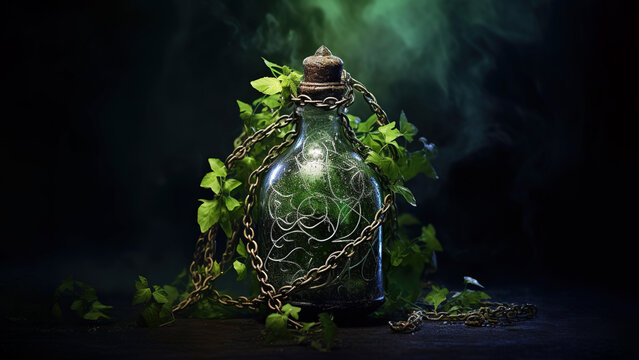 Plant in a bottle on black background (Generative AI)