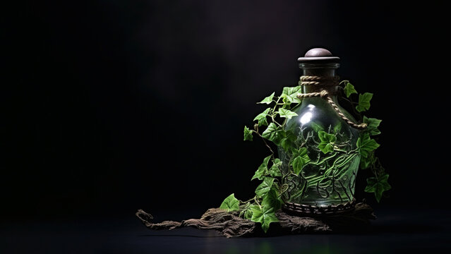 Plant in a bottle on black background (Generative AI)