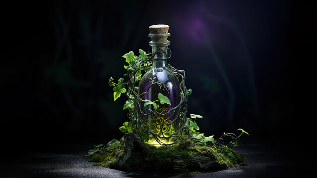 Plant in a bottle on black background (Generative AI)