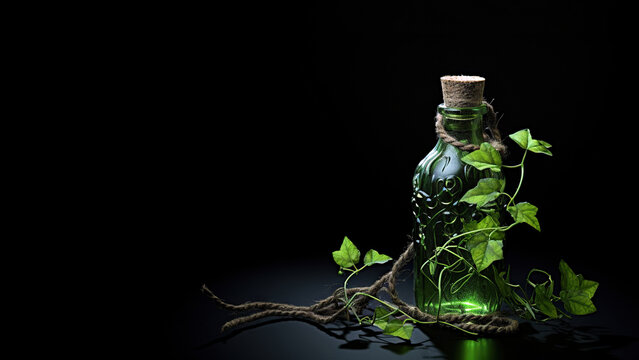 Plant in a bottle on black background (Generative AI)