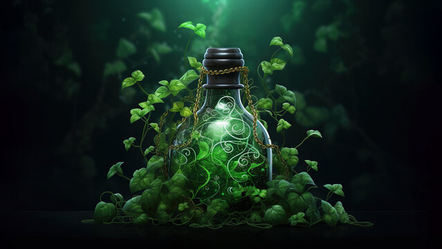 Plant in a bottle on black background (Generative AI)