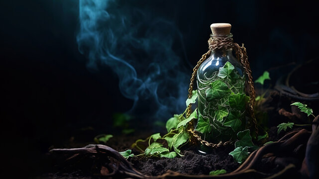 Plant in a bottle on black background (Generative AI)