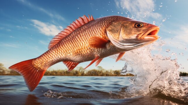 Redfish jumping out of river water. AI generative.
