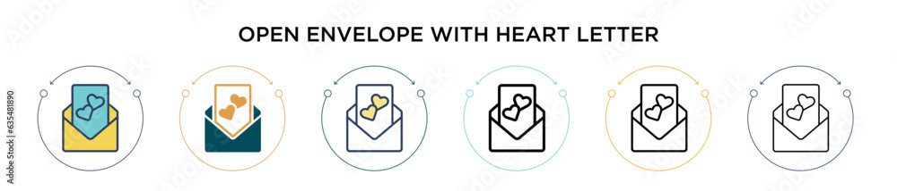 Poster open envelope with heart letter icon in filled, thin line, outline and stroke style. vector illustra
