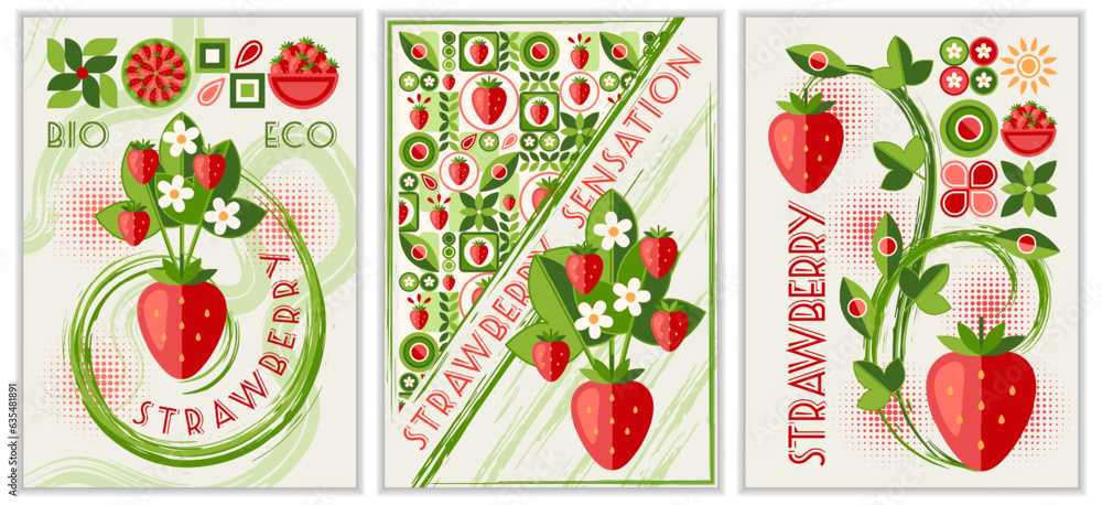 Poster set of vertical a4 poster with strawberry, abstract shapes in simple geometric style good for brandi