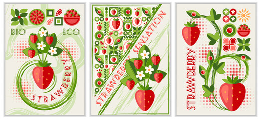 Set of vertical A4 poster with strawberry, abstract shapes in simple geometric style Good for branding, decoration of food package, cover design, decorative print, background, wall prints