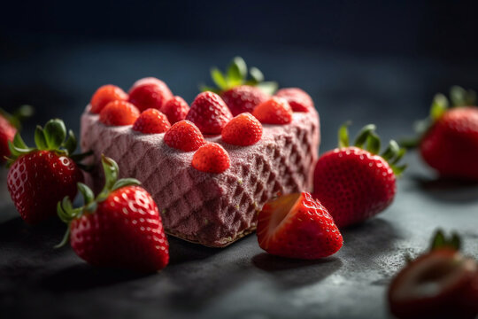 Strawberry hearts on a heart shaped cake. Generative AI.