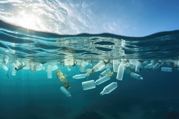 Plastic water bottles pollution in ocean - Powered by Adobe