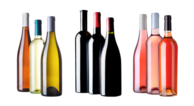 white red and rosé wine bottles